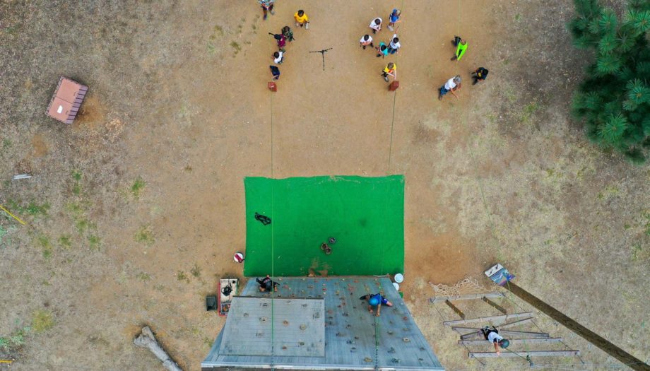 top-down view of campers on the climbing wall