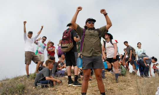 hikers celebrating at the summit of one of the trails on Catalina Island