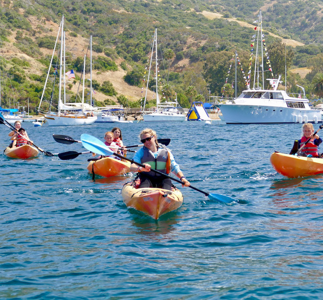 kids kayaking off the coast of Catalina Island