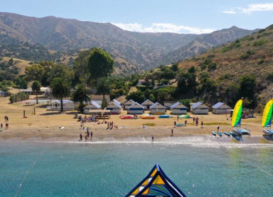 aerial view overlooking camp from the water